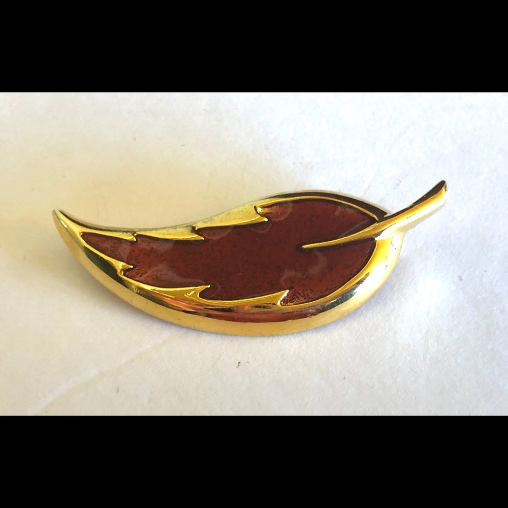 Vintage Gold Feather Brown Enamel Brooch Pin